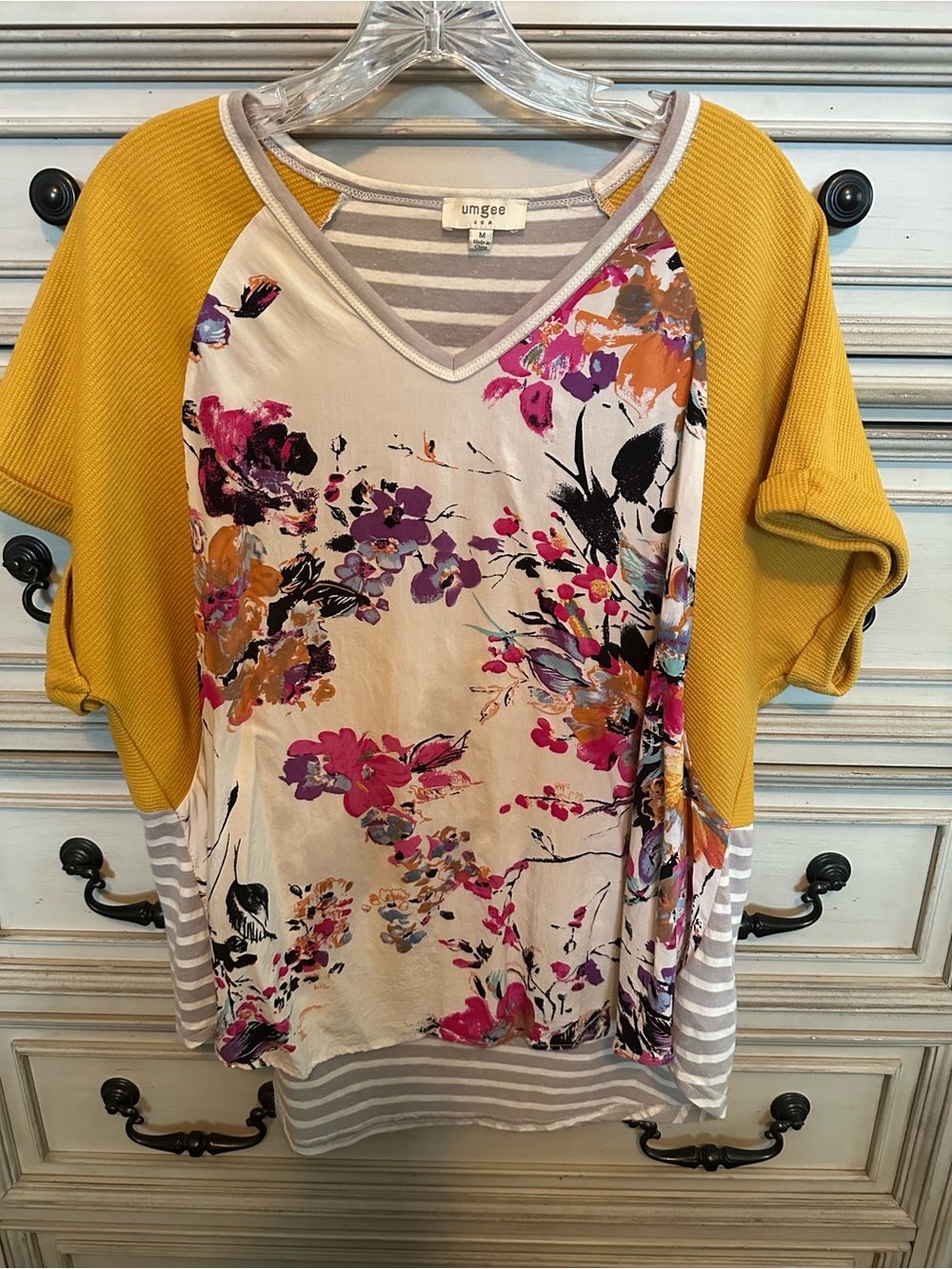 Umgee Floral V-Neck Mixed-Media Top in Mustard floral & gray stripes